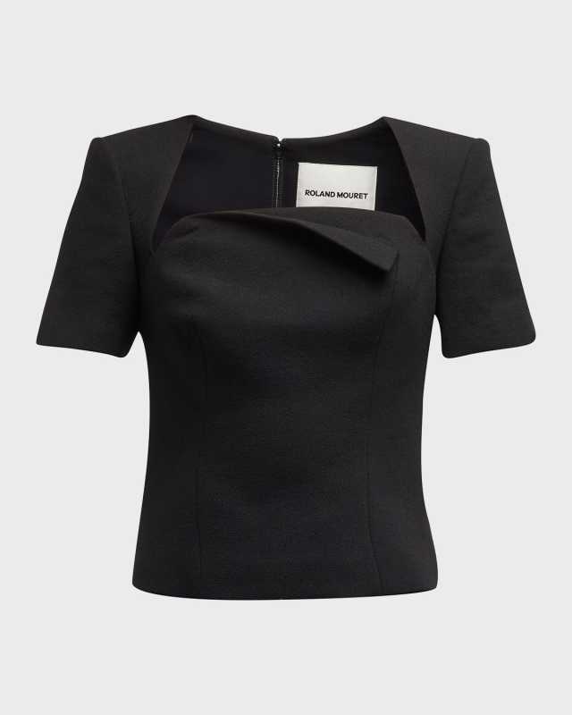 Foldover Square-Neck Short-Sleeve Wool Crepe Top